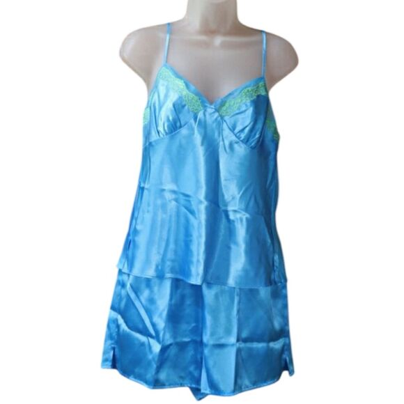 Morgan Taylor Blue Lime Green Satin Pajama Short Set Vintage 90s Medium - Picture 1 of 12